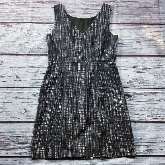 J Crew Womens Dress sz 8 Gray Cream Fit & Flare Lined Cotton Unique Button Back - Picture 9 of 10